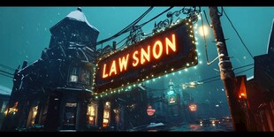 雪夜里的 Lawsnon 霓虹灯招牌