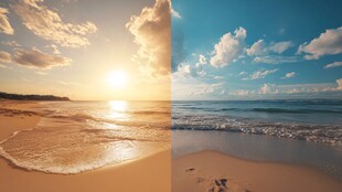 日落与日出海滩对比