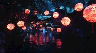 夜幕下的红灯笼河畔