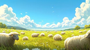 绵羊在云朵下的草地上吃草