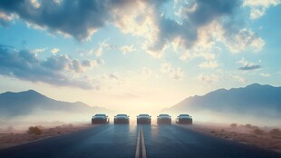 沙漠之路上的汽车与日落