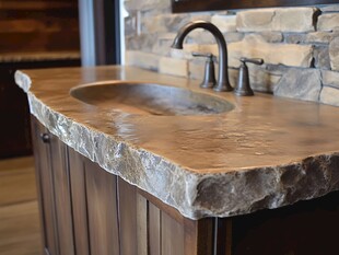 自然石材台面与深色木质橱柜的结合