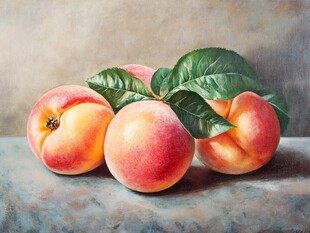 油画静物桃子与叶子