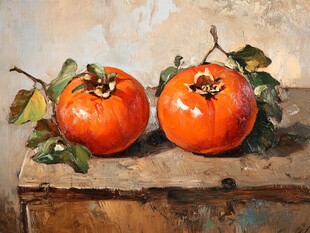 两个柿子的静物画