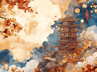 秋日古韵 云雾缭绕的山峰上的宝塔
