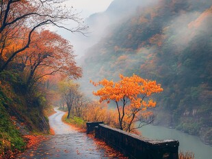 秋日山谷的迷雾与色彩