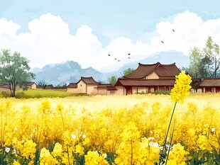 乡村油菜花田风景画