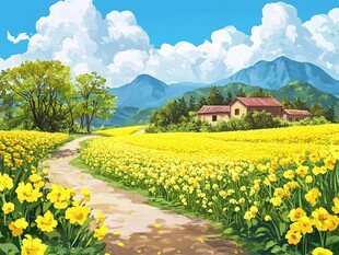 乡村油菜花田风景画