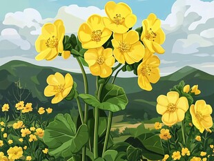 春日山坡上的金色花朵