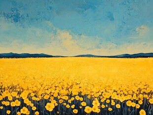 油画中的黄色花海与蓝天