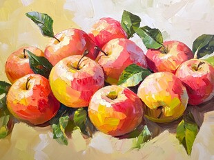 苹果与绿叶的静物画