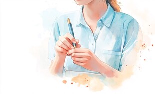 女性手持钢笔 背景为水彩画