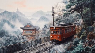 雾中穿梭的红色电车