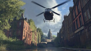 直升机飞越废弃城市