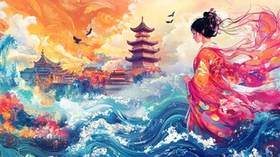 红衣女子与古风建筑