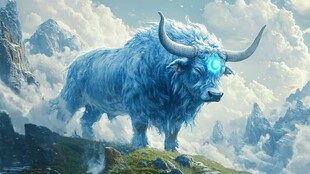 神秘蓝牛 云雾缭绕的山峰之上