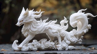 神秘白色雕塑 狐狸形象 火焰尾巴 云朵底座