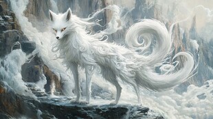 神秘白狐 云雾缭绕的山脉之巅