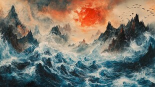 火红的日落下的汹涌海浪