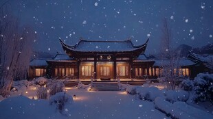 雪夜中的古典建筑