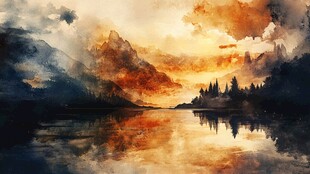 山水画中的日落