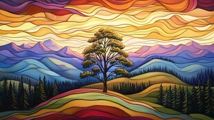 色彩斑斓的山景画