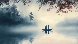 秋雾中的小船之旅