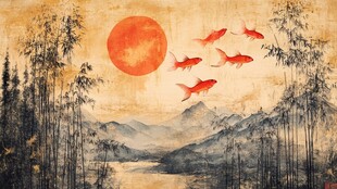 金鱼竹影山水画