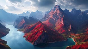 红色山脉与碧绿河流