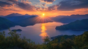 夕阳映照下的山湖风景