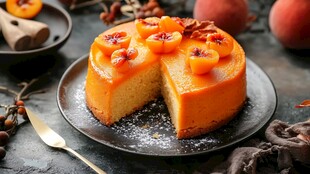 美味蛋糕 顶部点缀着半熟的桃子 呈现出诱人的金黄色