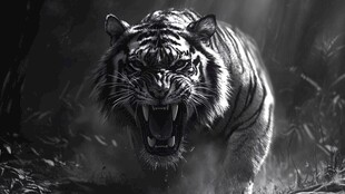 黑白猛虎在森林中奔跑