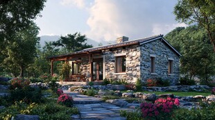 石头小屋 周围环绕着郁郁葱葱的绿色植物和鲜花