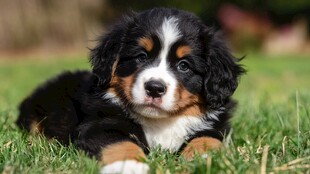 伯恩山犬幼崽在草地上