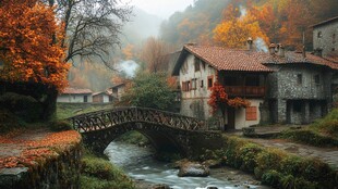 秋日小镇的石桥与房屋