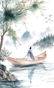 湖光山色间的孤舟渔影