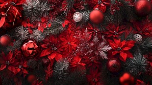 圣诞红与装饰品的盛宴