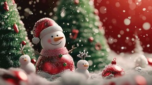 圣诞雪人与圣诞树的欢乐雪景