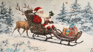 圣诞老人乘坐雪橇飞翔的冬日仙境