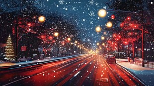 雪夜街道 路灯照亮前行