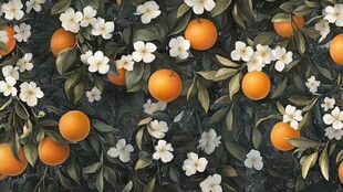 橙色花卉与橙子