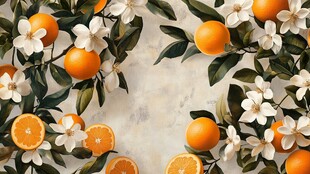 橙色花卉与柑橘水果的艺术融合