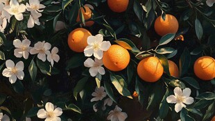 橙色花朵与橙色果实共生 绿叶环绕 橙色花果共生之美