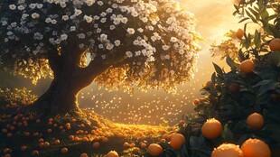 橙花树下的果园