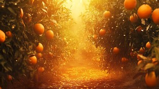 橙色迷雾中的果园小径