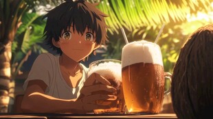 动漫风格的热带饮品场景