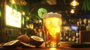 金黄色的鸡尾酒与椰子共舞