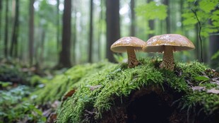 森林中的蘑菇与苔藓覆盖的树干