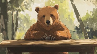 熊在森林中的木桌旁