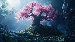 神秘山谷中的樱花树